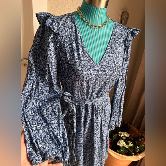 Jcrew Blue Floral V-Neck Long Sleeve Wrap Dress - Picture 3 of 9